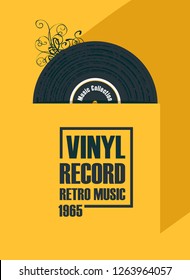 Vector poster with black vinyl record on the yellow background in retro style with words Vinyl record, Retro music