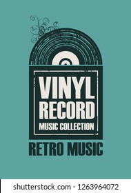 Vector poster with black vinyl record on the green background in retro style with words Vinyl record, Music collection