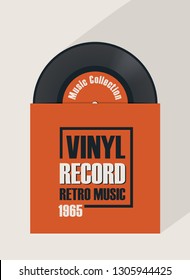 Vector poster with black vinyl record in orange cover in retro style with words Vinyl record, Retro music