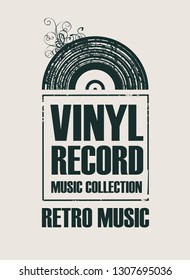 Vector poster with black vinyl record on the light background in retro style with words Vinyl record, Music collection