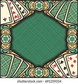 Vector poster for Blackjack gamble: frame with green background for text on black jack gambling theme, vintage blackjack table with retro playing cards top view, border with gaming chips for casino.