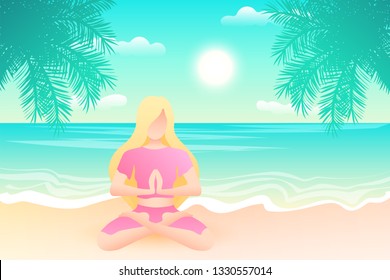 Vector poster with blond girl meditating in lotus pose on the sea beach with palm trees. Sunny day.