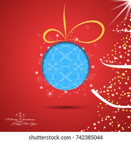 Vector poster with blue Christmas ball with abstract geometric pattern cut from paper with shadow on red gradient background with christmas tree and snowflakes.