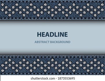 Vektorplakat mit blauen Denim-Streifen mit Heften und silbernen Sequenzen.