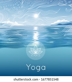 Vector poster with blue sky, ocean, sun, hand drawn pattern, lotus and text for yoga retreat, fitness studio, spa salon. Bright illustration with summer landscape.