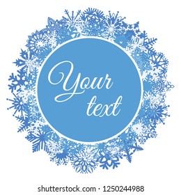 Vector poster of blue snowflakes of different shapes on a white background and space for a congratulatory text or announcement. Winter concept.