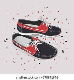 Vector poster, boat shoes on fashion background.