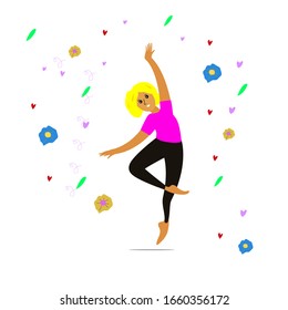 Afiche del vector. Cuerpo positivo en estilo moderno.  Hermosa figura femenina. Mujer modelo. Feliz baile de mujer positiva. Diseño de С y banderín.Cuerpo conceptual positivo