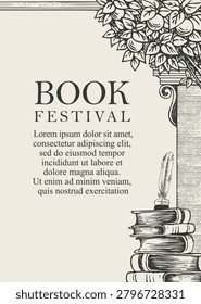 Vector poster for a book festival or used bookstore in vintage style with an architectural antique columns, stacks of books and apple tree