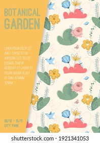 Vektor-Poster des Botanischen Gartens am City Park Konzept. Botanik Ausflug, Blumenausstellung. Illustration von Werbebannerdesign mit Mustern mit Vögeln, Blättern und Blüten