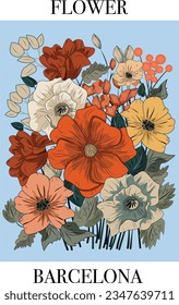 Vector poster with a bouquet of flowers on a blue background and the inscription flowers Barcelona. Large heads of flowers of red, yellow and beige shades, addition of small flowers,  lush, disheveled