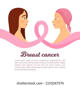 Vector poster breast cancer. A healthy girl and a sick girl. Chemotherapy concept.