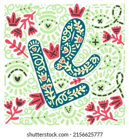 Vector Poster With Bright Summer Baby Doodles, Letter L, Clipart And Abstract Cartoon Doodles. Scandinavian Floral Motifs, Ornaments, Lettering For Printing, Typography, Decor, Kids, Nursery