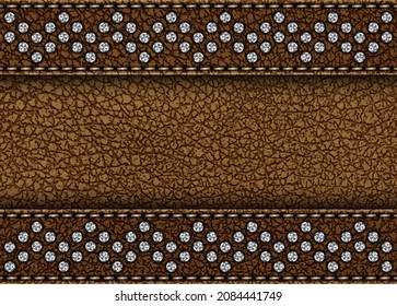 Vector poster with brown leather stripes with stitches and silver sequins.