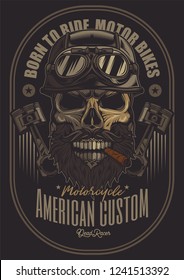 Vector poster. Brutal skull biker in motorcycle helmet, with beard and mustache, with cigar in mouth.