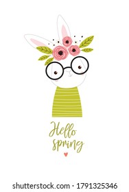 Vector poster with bunny "Hello Spring". Cartoon cute rabbit. Invitation card. Easter.
