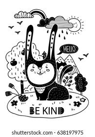 Vector poster with bunny and lettering Be kind in scandinavian style