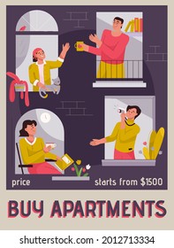 Vector poster of Buy Apartments concept. Neighbors look out windows, greet each other, drink tea, take photos. Good neighborly relations at new home. Character illustration of advertising banner