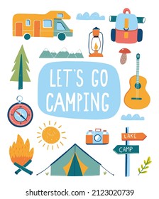 vector poster for camping trip with campfire trailer tent guitar backpack and phrase let's go camping