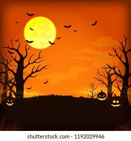 Vector poster, card, background design. Spooky orange night sky with full moon, clouds, bats, bare trees and pumpkins with glowing faces.