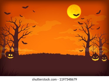 Vector poster, card, background design. Spooky orange  and purple night scene with full moon, clouds, bats, bare trees and pumpkins with glowing faces.