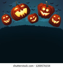 Vector poster, card, background design. Smiling halloween pumpkins jumping on the grass. Spooky dark blue sky with clouds and bats on the background.