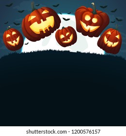 Vector poster, card, background design. Smiling halloween pumpkins jumping on the grass. Spooky dark blue sky with full moon, clouds and bats on the background.