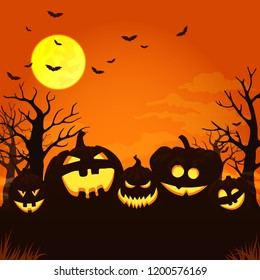 Vector poster, card, background design. Spooky orange night sky with full moon, clouds, bats, bare trees and five smiling pumpkins with glowing faces.