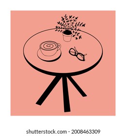 Afiche vectorial o tarjeta con mesa de café con planta en olla, café y gafas