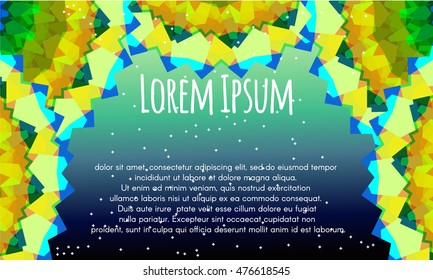 Vector poster / card / flyer. Colorful geometric frame on black and turquoise background.