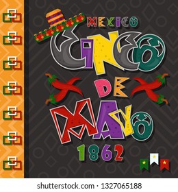 vector, poster card layout for the design of stickers, leaflets, covers, text colored lettering calligraphy on the theme of Cinco de mayo in flat style