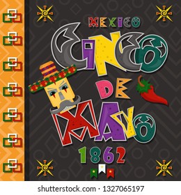 vector, poster card layout for the design of stickers, leaflets, covers, text colored lettering calligraphy on the theme of Cinco de mayo in flat style