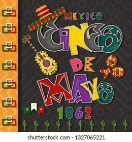vector, poster card layout for the design of stickers, leaflets, covers, text colored lettering calligraphy on the theme of Cinco de mayo in flat style