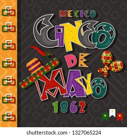 vector, poster card layout for the design of stickers, leaflets, covers, text colored lettering calligraphy on the theme of Cinco de mayo in flat style