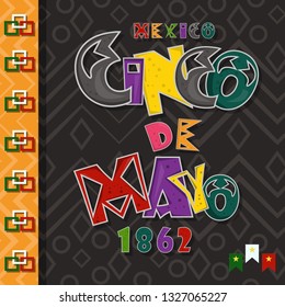 vector, poster card layout for the design of stickers, leaflets, covers, text colored lettering calligraphy on the theme of Cinco de mayo in flat style