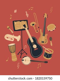 Vector poster, card with musical instrument set. Happy world international Music Day. 