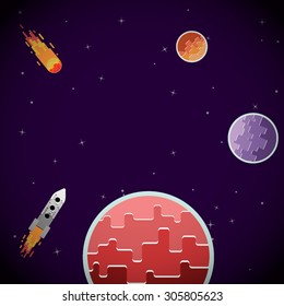 Vector poster (card, wallpaper). Flat space landscape: planets, comet, spaceship (rocket with fire), glowing stars.