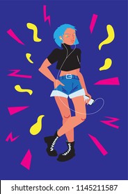 Vector poster Carefree Youth. The girl listens to music in a player. Flat illustration for festival of popular youth music.