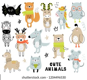Vector poster with cartoon cute animals for kids in scandinavian style. Hand drawn graphic zoo. Perfect for baby shower,  postcard, label, brochure, flyer, page, banner design.