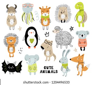 Vector poster with cartoon cute animals for kids in scandinavian style. Hand drawn graphic zoo. Perfect for baby shower,  postcard, label, brochure, flyer, page, banner design.