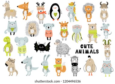 Vector poster with cartoon cute animals for kids in scandinavian style. Hand drawn graphic zoo. Perfect for baby shower,  postcard, label, brochure, flyer, page, banner design.