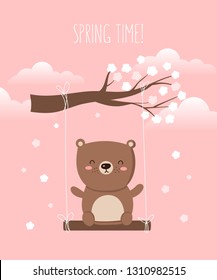 Vector poster with cartoon cute bear and spring slogan. Perfect for baby shower, postcard, label, brochure, flyer, page, banner design. Spring holidays