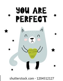 Vector poster with cartoon cute cat for kids and funny slogan in scandinavian style. Hand drawn graphic zoo. Perfect for baby shower, postcard, label, brochure, flyer, page, banner design.