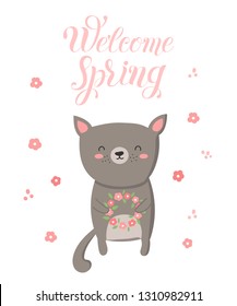 Vector poster with cartoon cute cat and spring slogan. Perfect for baby shower, postcard, label, brochure, flyer, page, banner design. Spring holidays