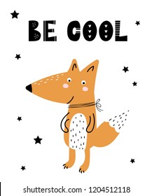 Vector poster with cartoon cute fox for kids and funny slogan in scandinavian style. Hand drawn graphic zoo. Perfect for baby shower, postcard, label, brochure, flyer, page, banner design.