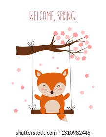 Vector poster with cartoon cute fox and spring slogan. Perfect for baby shower, postcard, label, brochure, flyer, page, banner design. Spring holidays
