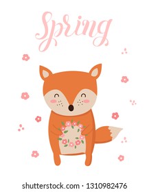Vector poster with cartoon cute fox and spring slogan. Perfect for baby shower, postcard, label, brochure, flyer, page, banner design. Spring holidays
