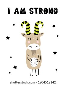 Vector poster with cartoon cute ibex for kids and funny slogan in scandinavian style. Hand drawn graphic zoo. Perfect for baby shower, postcard, label, brochure, flyer, page, banner design.