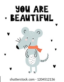 Vector poster with cartoon cute mouse for kids and funny slogan in scandinavian style. Hand drawn graphic zoo. Perfect for baby shower, postcard, label, brochure, flyer, page, banner design.