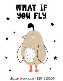 Vector poster with cartoon cute quail for kids and funny slogan in scandinavian style. Hand drawn graphic zoo. Perfect for baby shower, postcard, label, brochure, flyer, page, banner design.